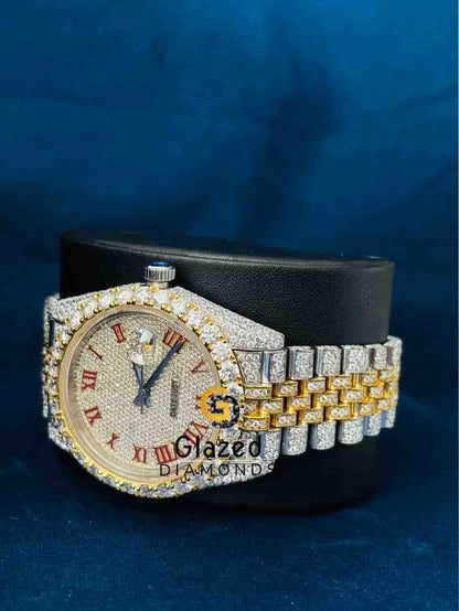 Duel Tone Red Roman Number Dial Moissanite Wrist Watch