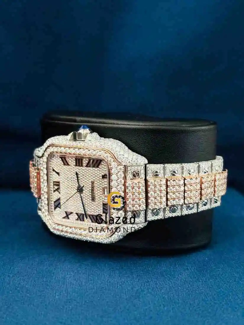 Duel Tone Roman Dial Stainless Steel Strap Moissanite Watch 