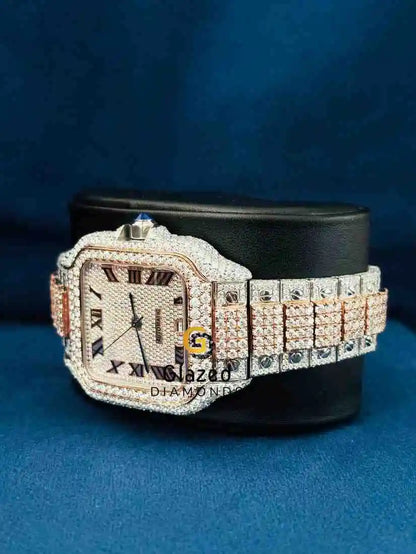 Duel Tone Roman Dial Stainless Steel Strap Moissanite Watch 