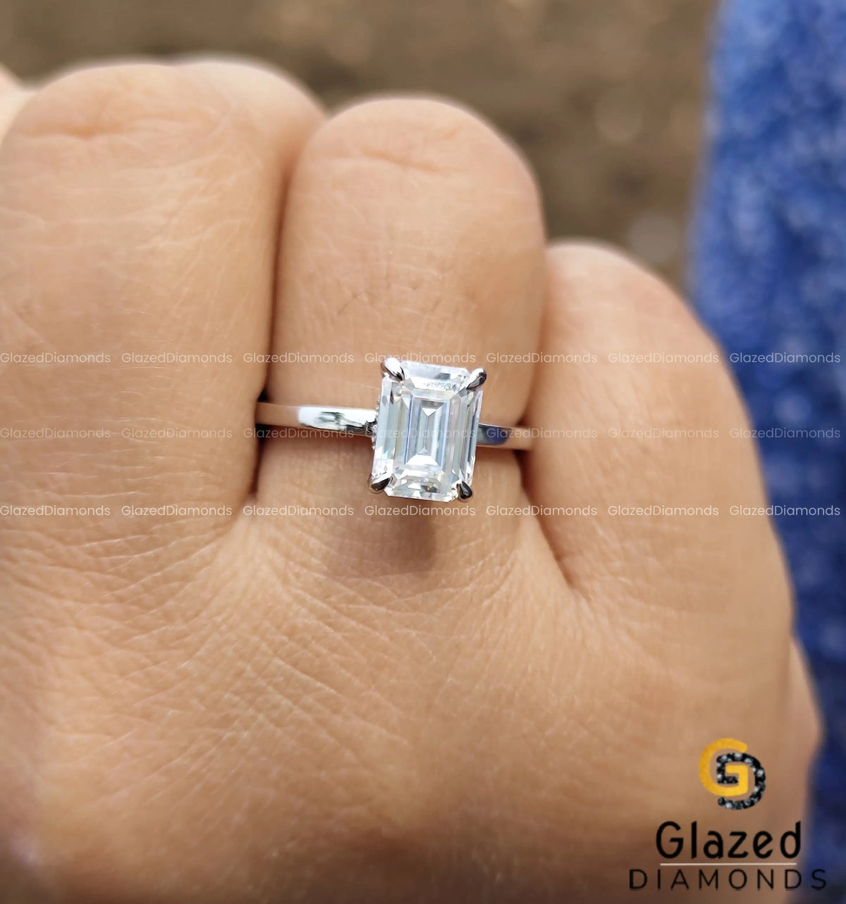 2 Ct Hidden Halo Emerald Cut Moissanite Engagement Ring