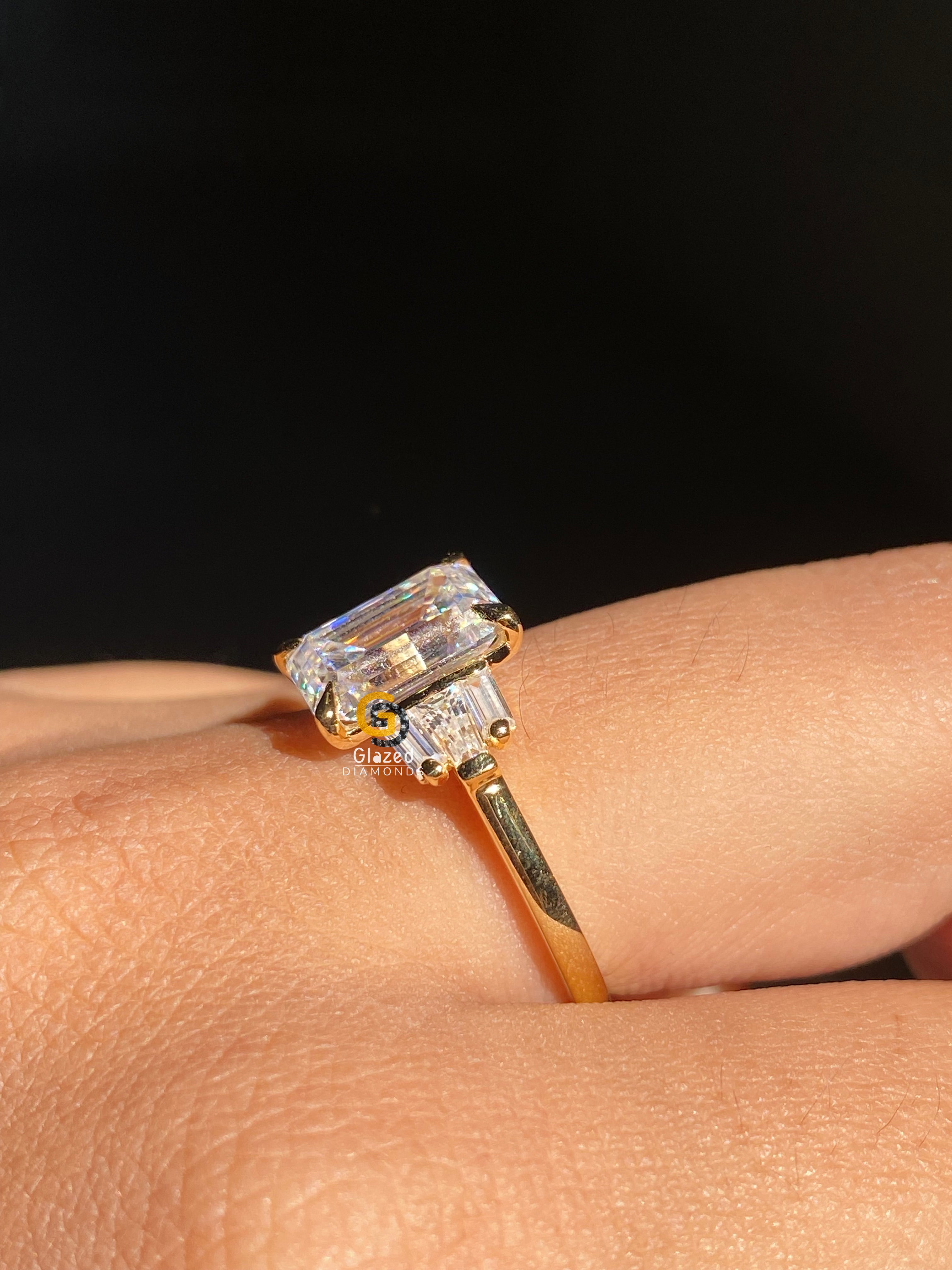 3 CT Emerald Cut Three Stone Side Baguette Moissanite Engagement Ring For Her