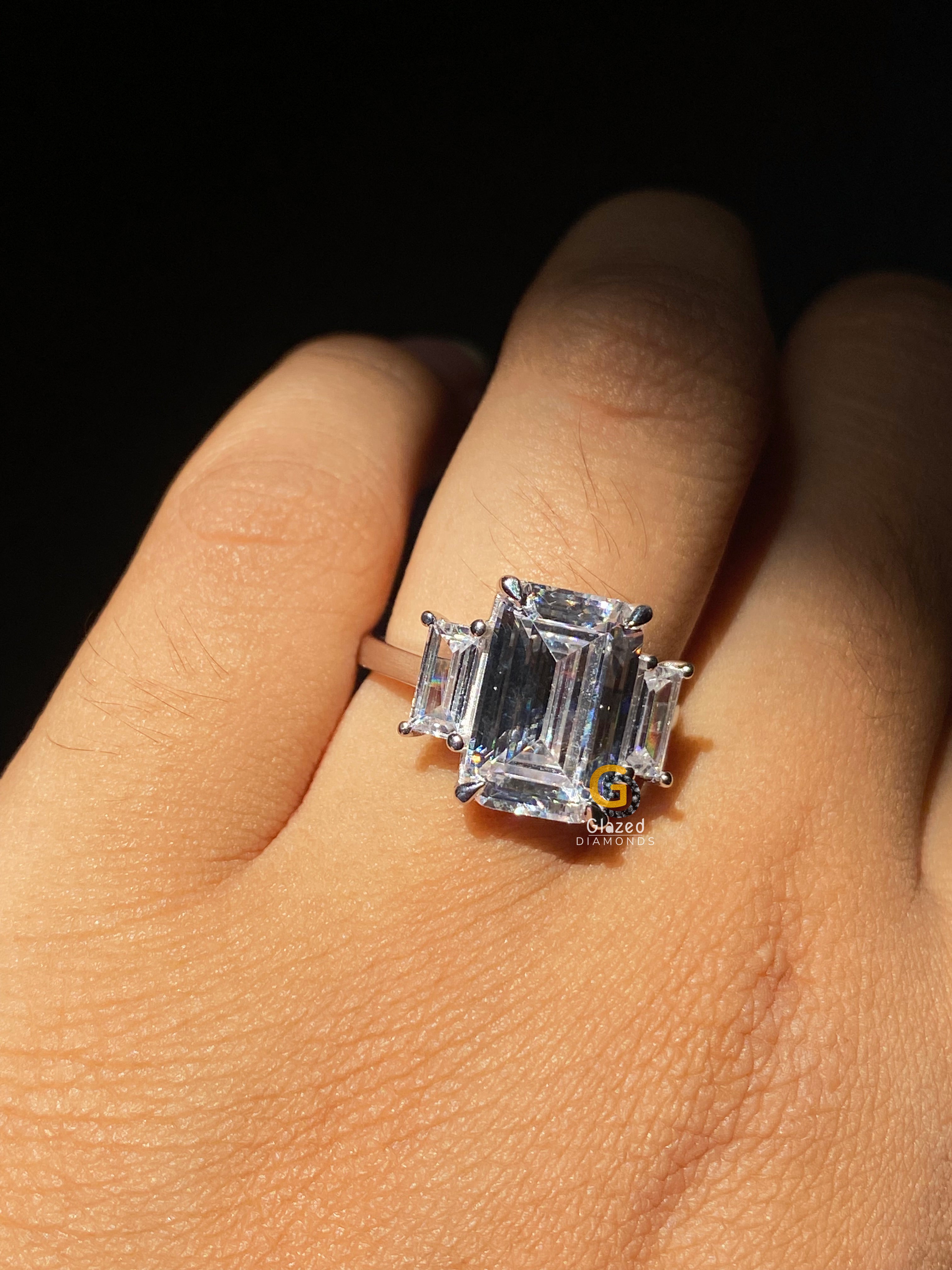 5 CT Emerald Cut Three Stone Moissanite Engagement Ring For Her