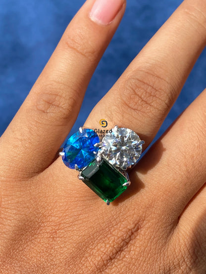 Emerald Multi Shape Three Stone Engagement Ring 