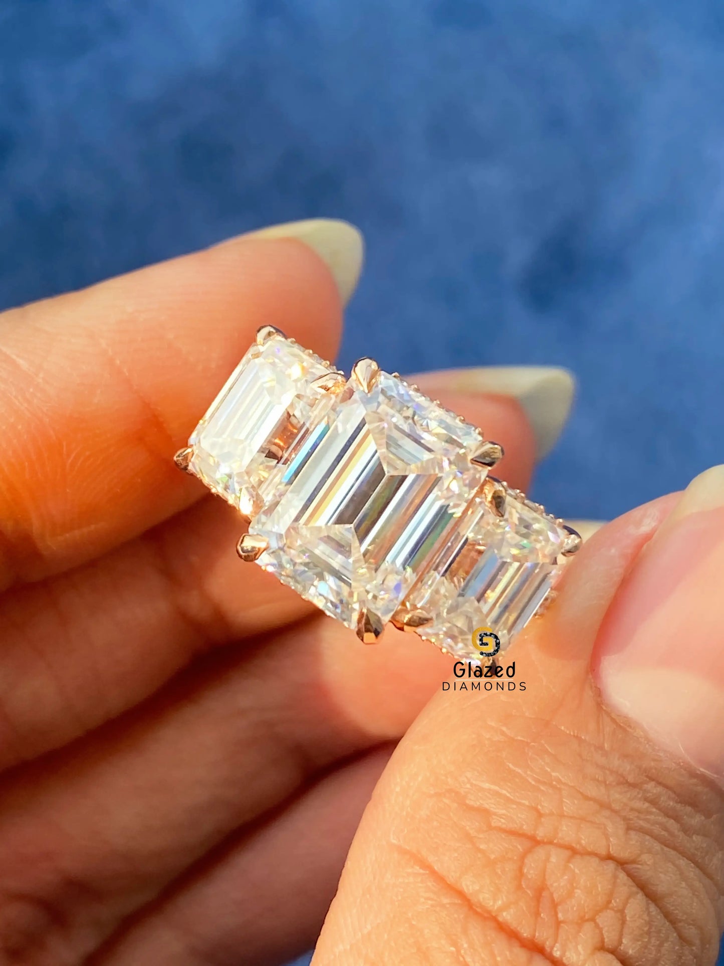 Emerald Three Stone Moissanite Wedding Ring