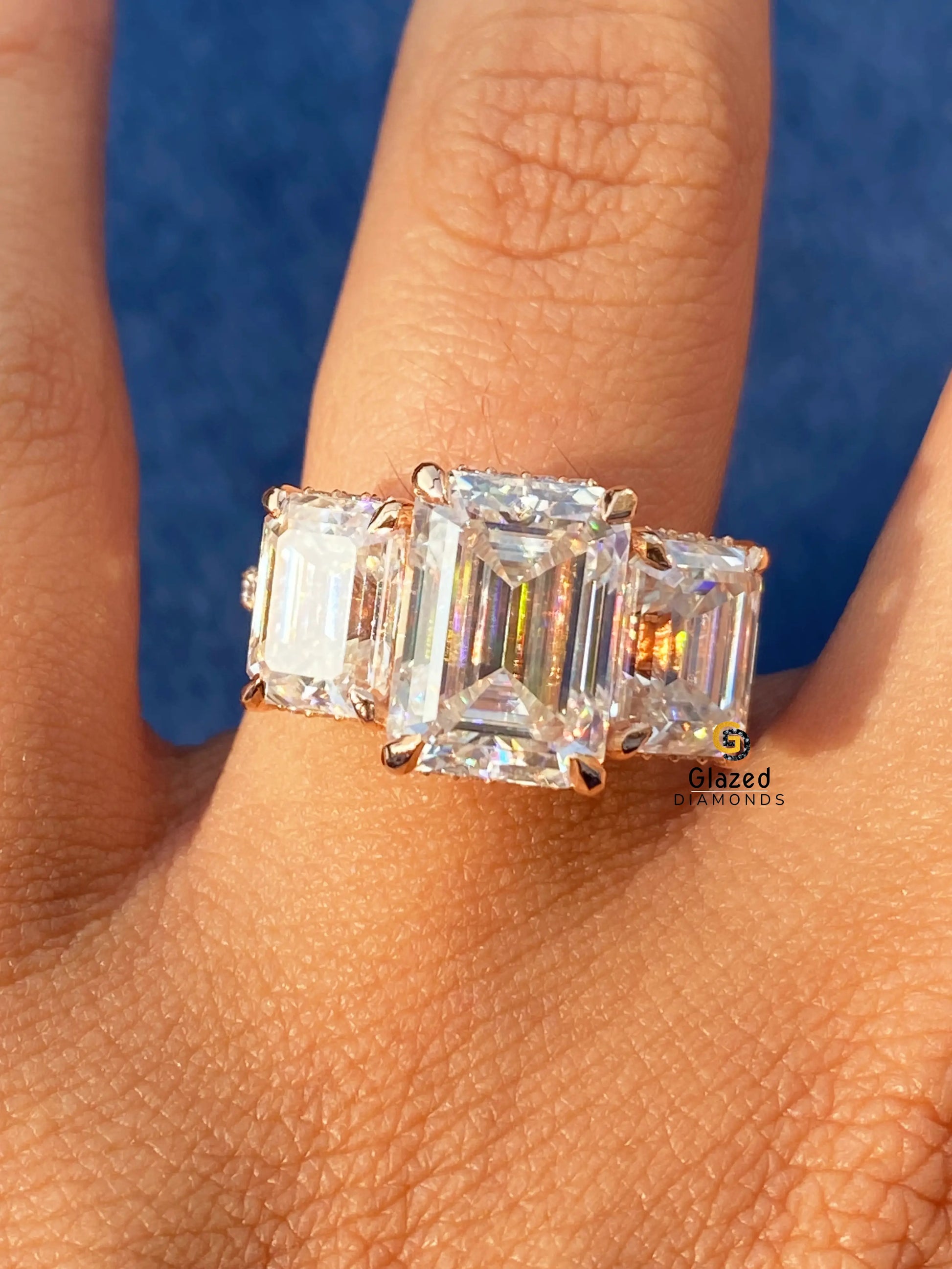 Emerald Three Stone Moissanite Wedding Ring For Women