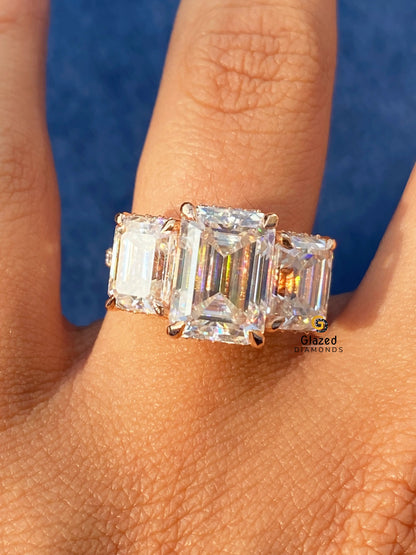 Emerald Three Stone Moissanite Wedding Ring For Women