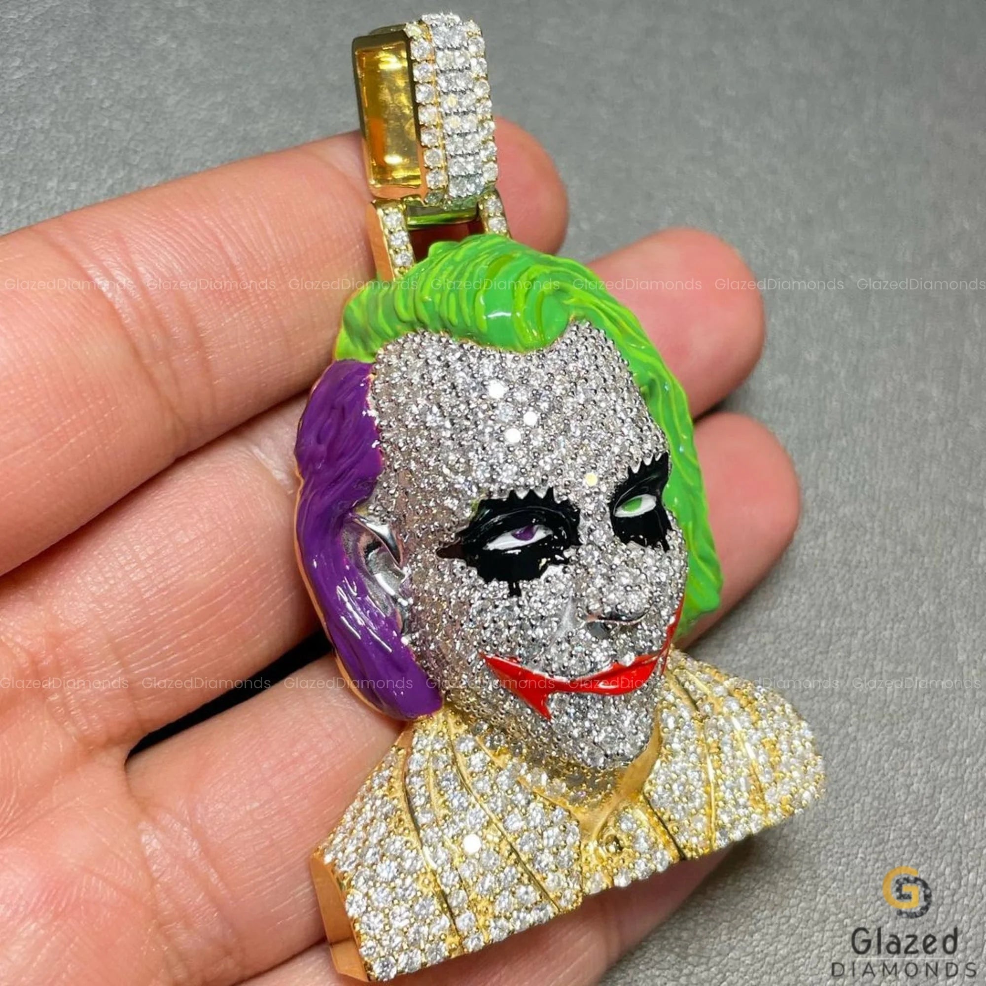 Two Tone Men's Enamel Iced 3D Joker Face Diamond Pendant