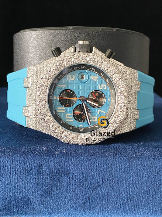 Sky Blue Silicone Strap Chronograph Fully Iced Out Moissanite Watch