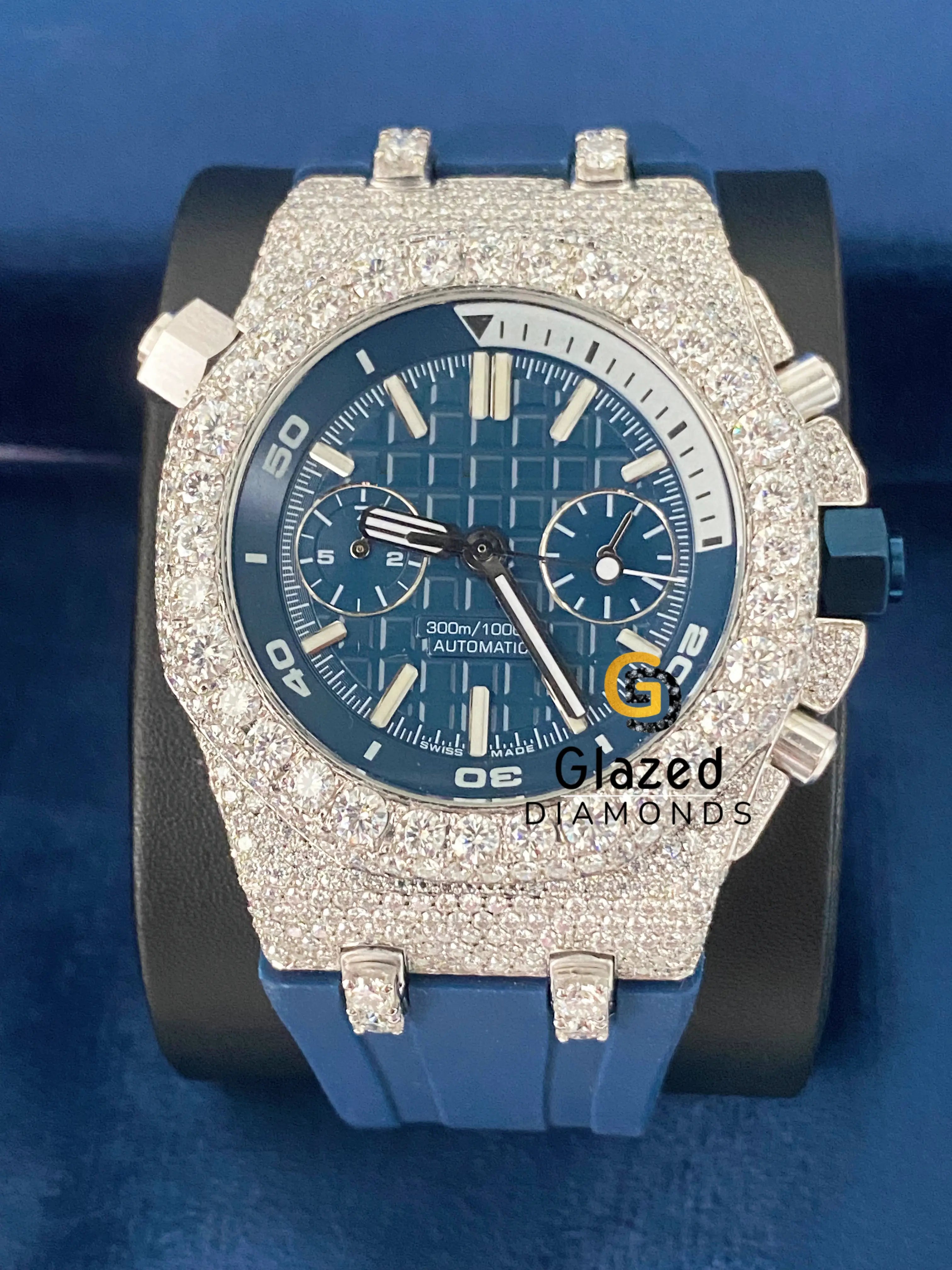 Face Dial Chronograph Blue Silicone Strap Moissanite VVs Watch