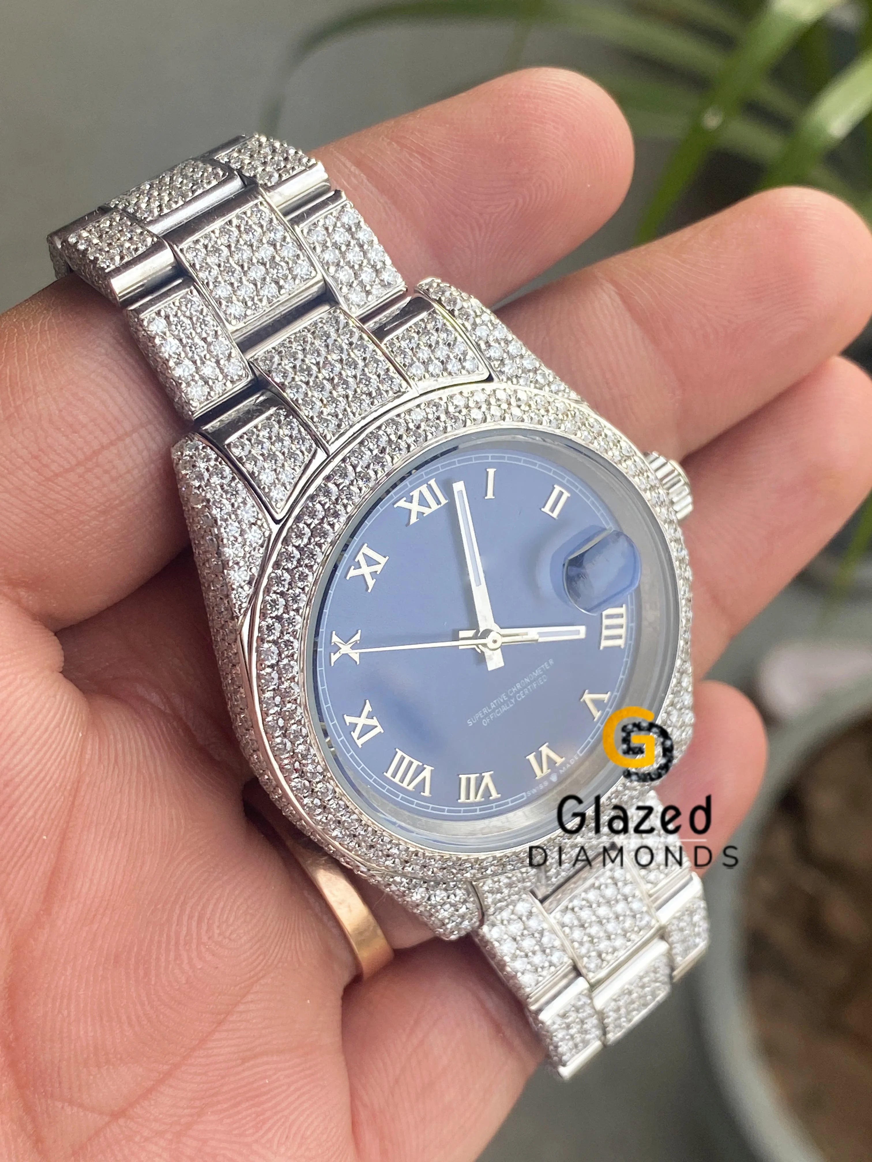 Blue Dial Stainless Steel Roman Numerals Moissanite Diamond Studded Watch