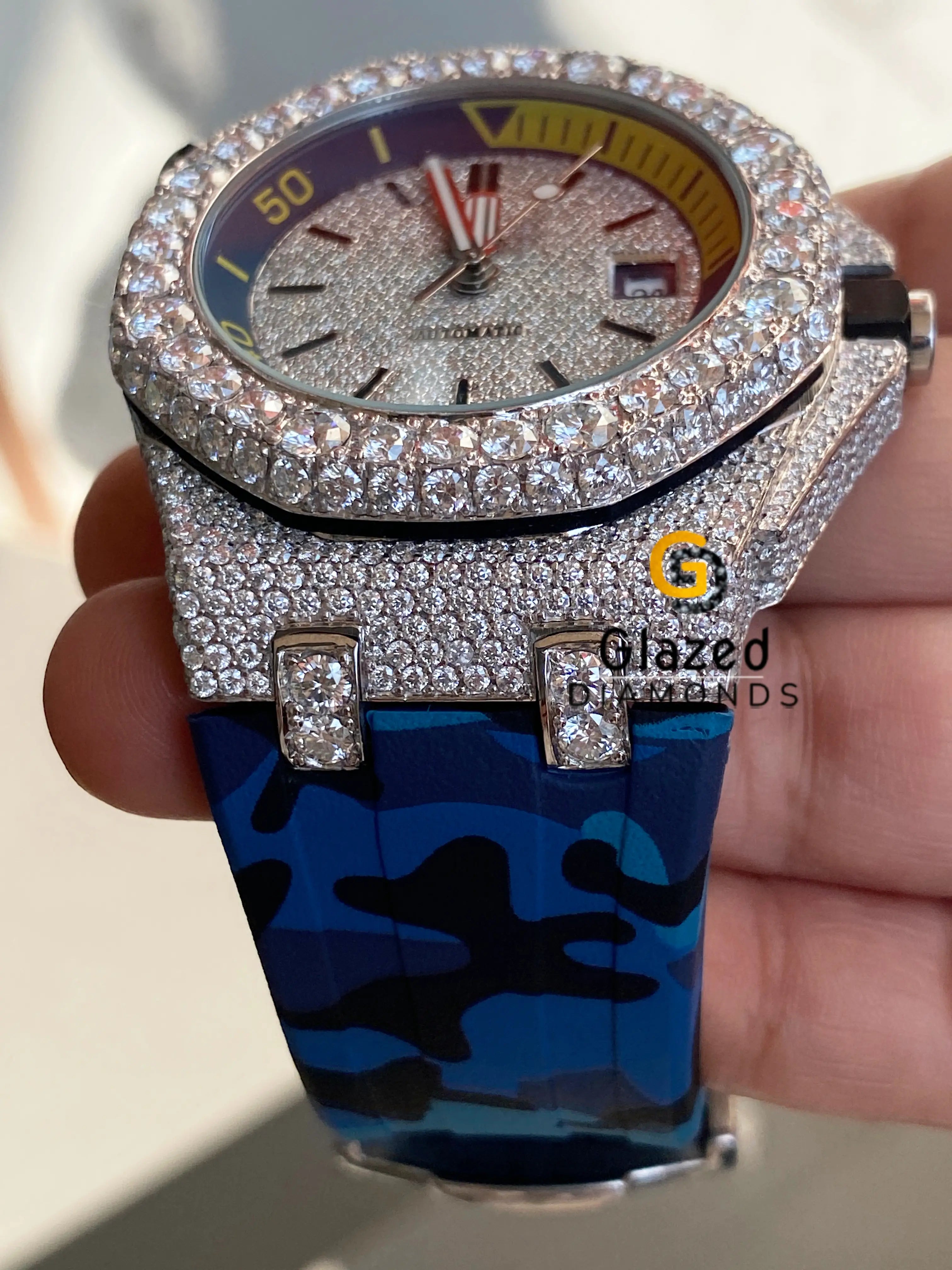 Custom Iced Out VVS Moissanite Diamond Army Silicon Band Watch For Men