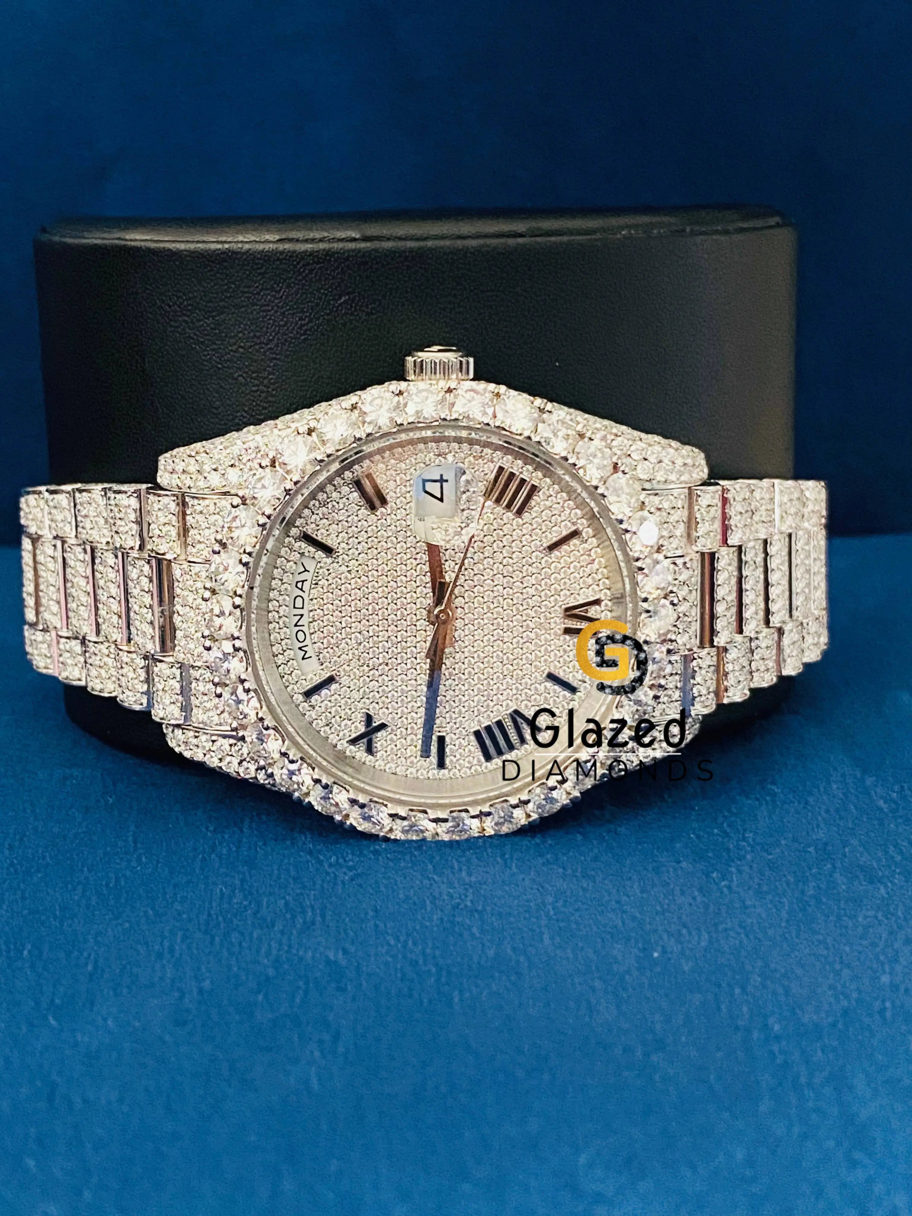 Roman Dial Day Date Hip Hop Moissanite Diamond Studded Watch