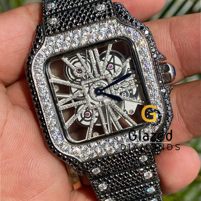 Stunning Fully Iced Out Skeleton Style Black Diamond Moissanite Watch