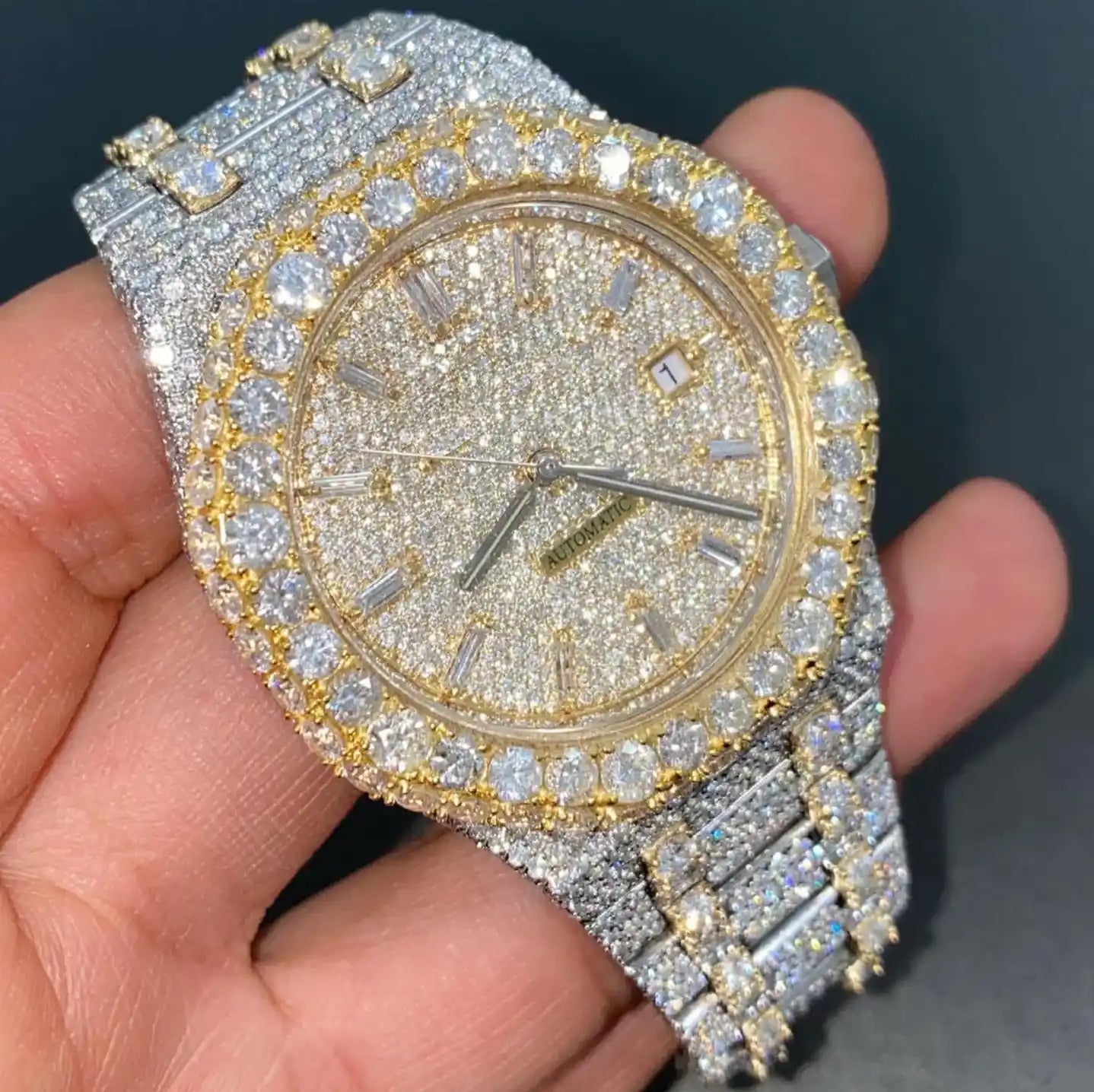 Hip Hop Style Two Tone Moissanite Baguette Bar Iced Out Watch