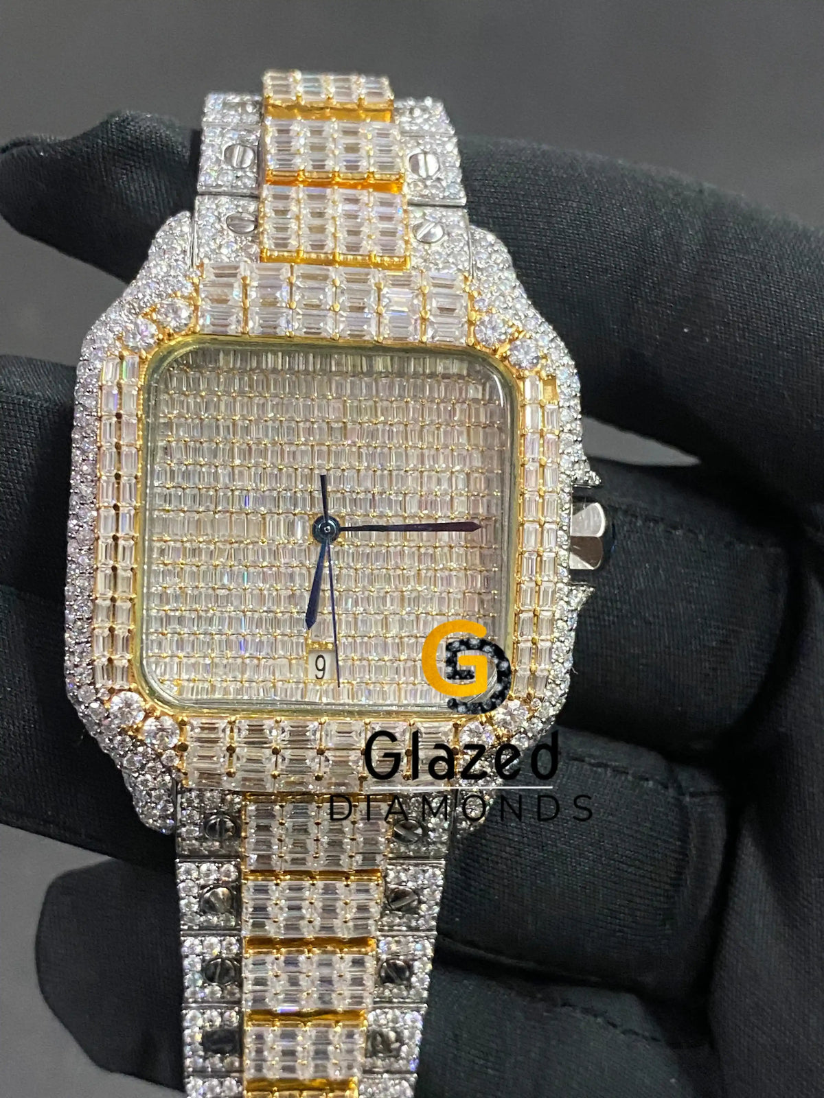 VVS Baguette Moissanite Yellow Two Tone Luxury Studded Watch