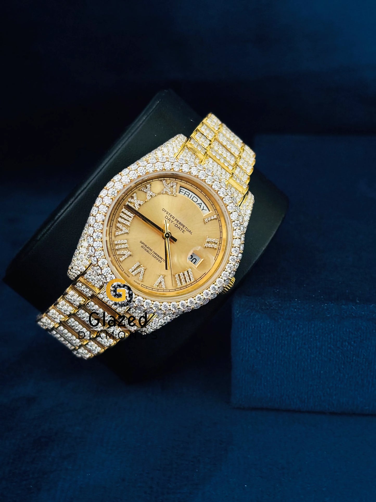 Yellow Dial Studded Roman Number Moissanite Watch