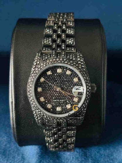 Fully Iced Bezel Bar Dial Black Moissanite Watch For Women