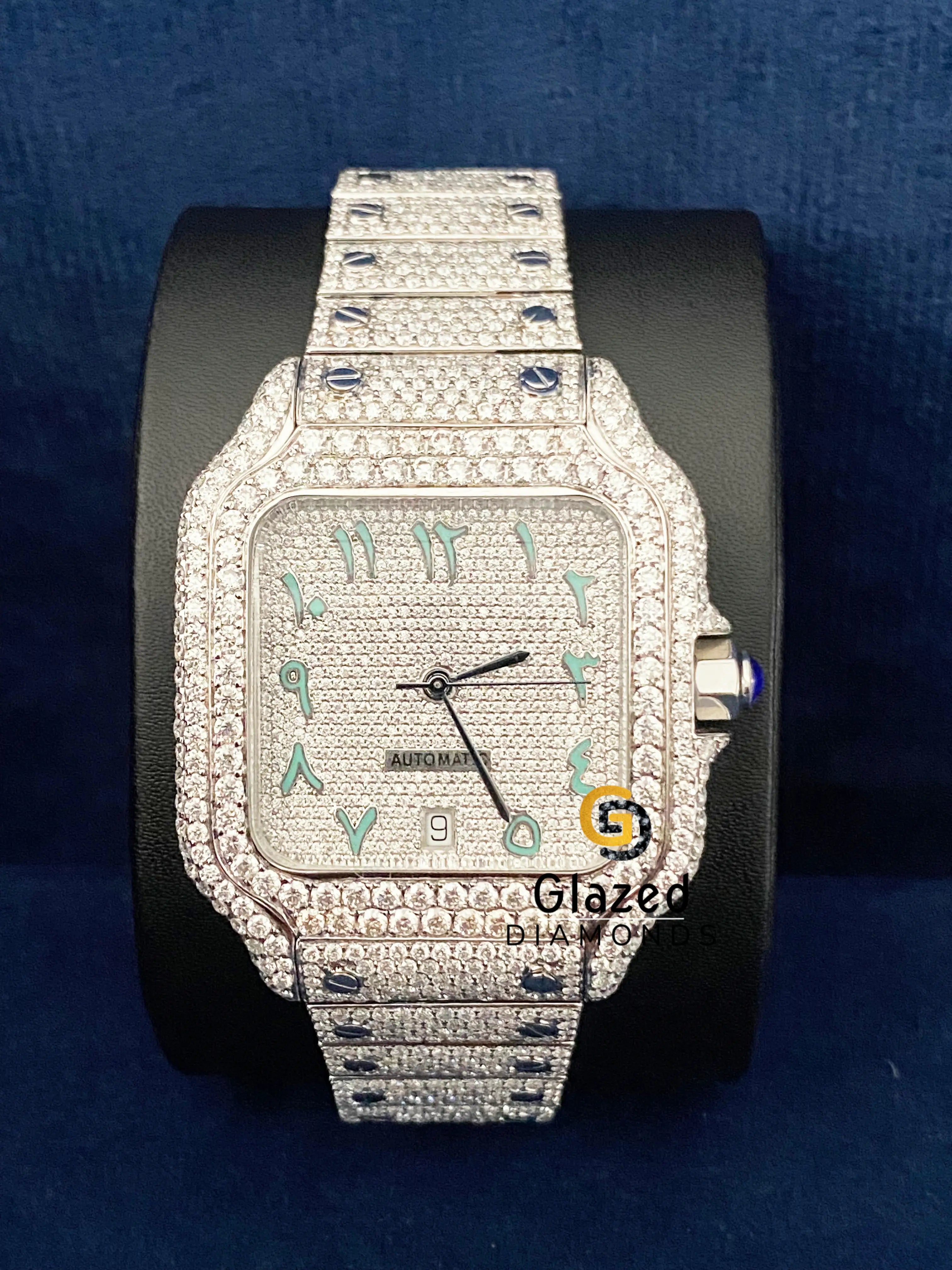 Fully Iced Out Arabic Dial VVs Moissanite Watch Stainless Steel