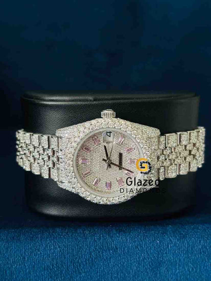 Fully Iced Out Baby Pink Baguette Bar Dial Hip Hop Watch