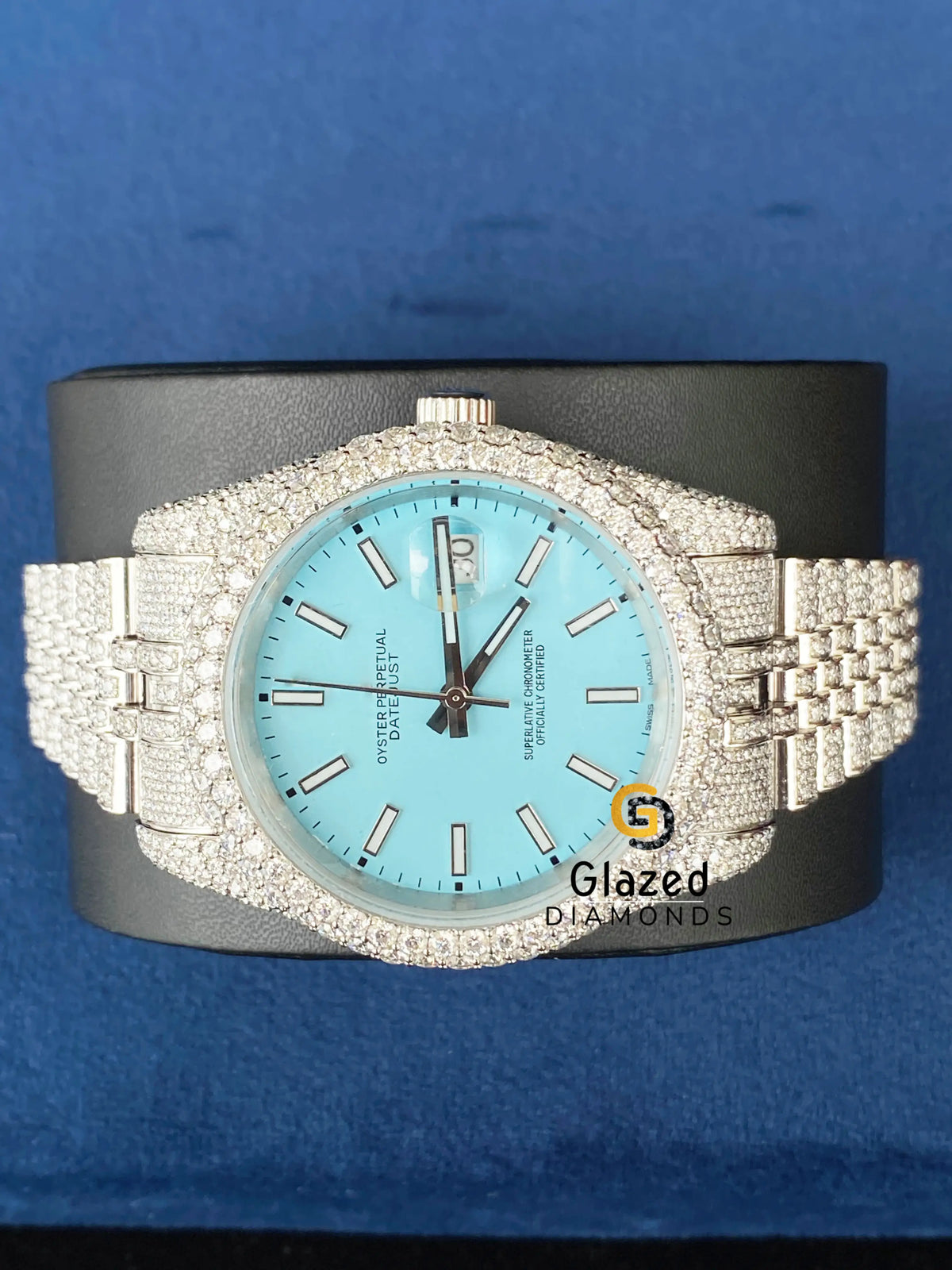 Fully Iced Out Blue Bezel Stick Dial Moissanite Watch