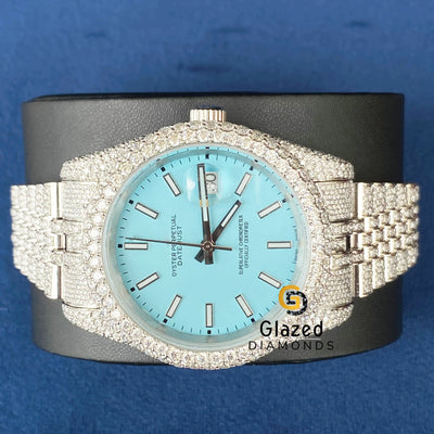 Fully Iced Out Blue Bezel Stick Dial Moissanite Watch