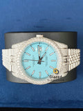 Fully Iced Out Blue Bezel Stick Dial Moissanite Watch