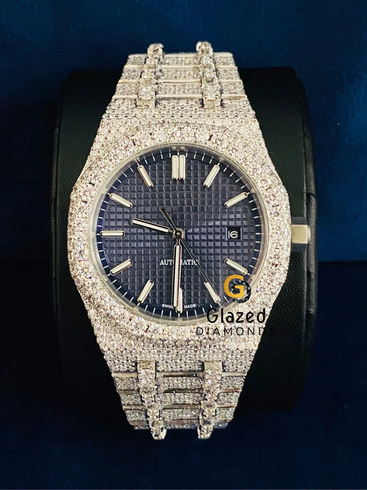Fully Iced Out Blue Dial Moissanite D Colorless Watch