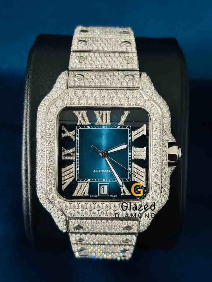 Fully Iced Out Blue Dial Moissanite Men's Watch