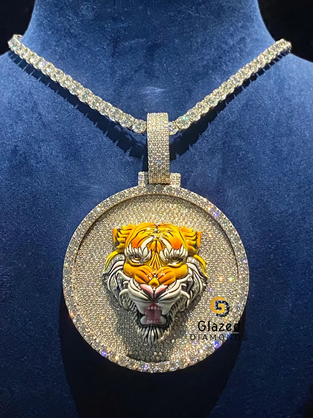 Fully Iced Out Custom Tiger Enamel Diamond Studded Pendant