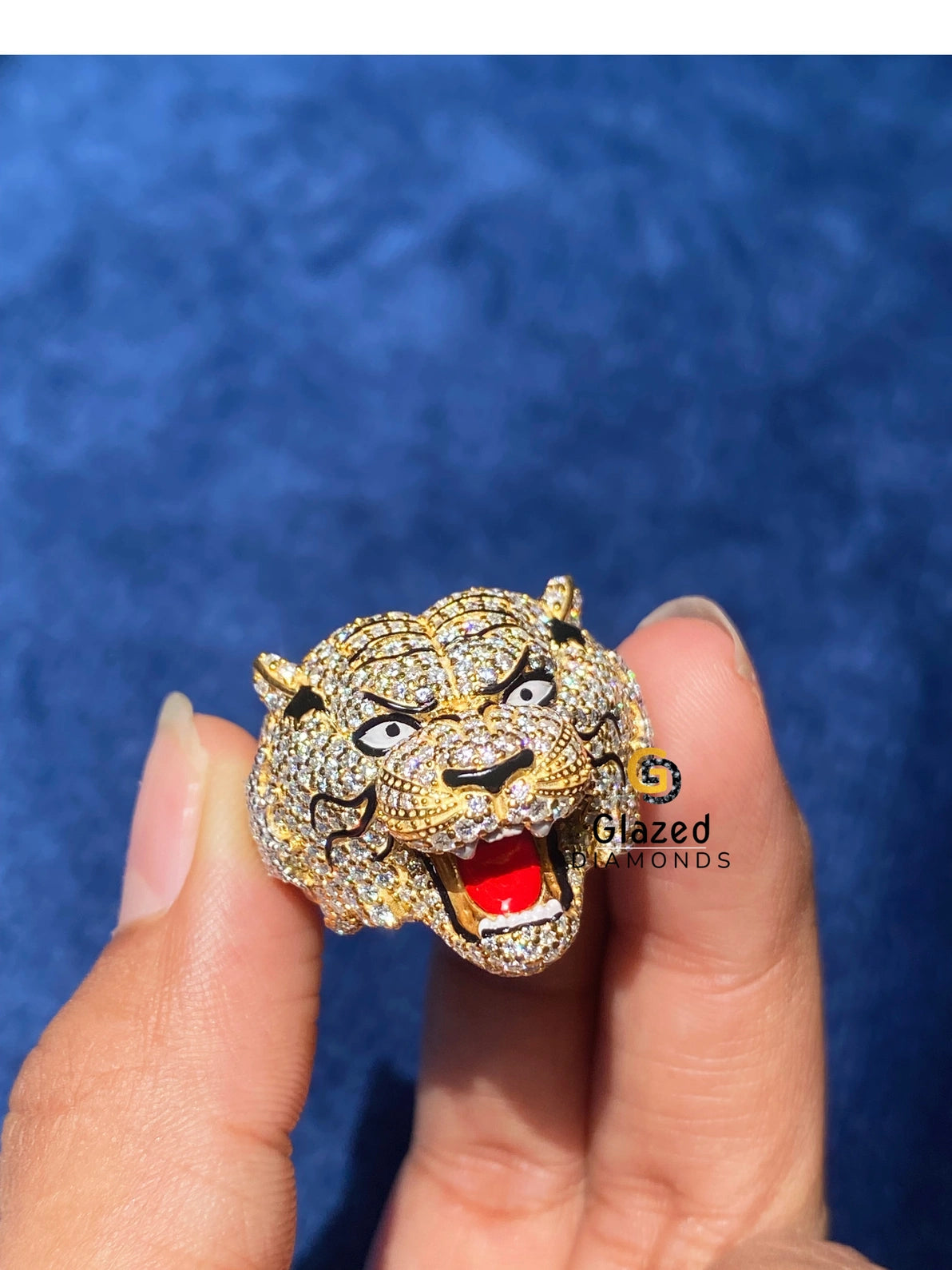 Fully Iced Out Custom Tiger Round Moissanite Ring