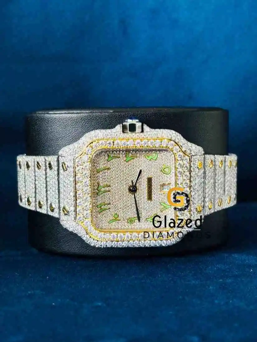 Fully Iced Out Green Arabic Number Dial Moissanite Watch For Men