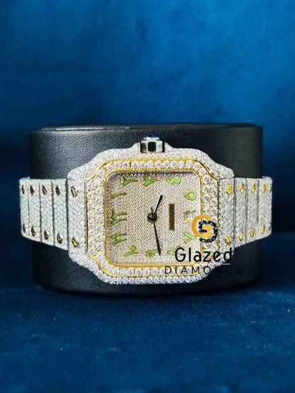 Fully Iced Out Green Arabic Number Dial Moissanite Watch For Men