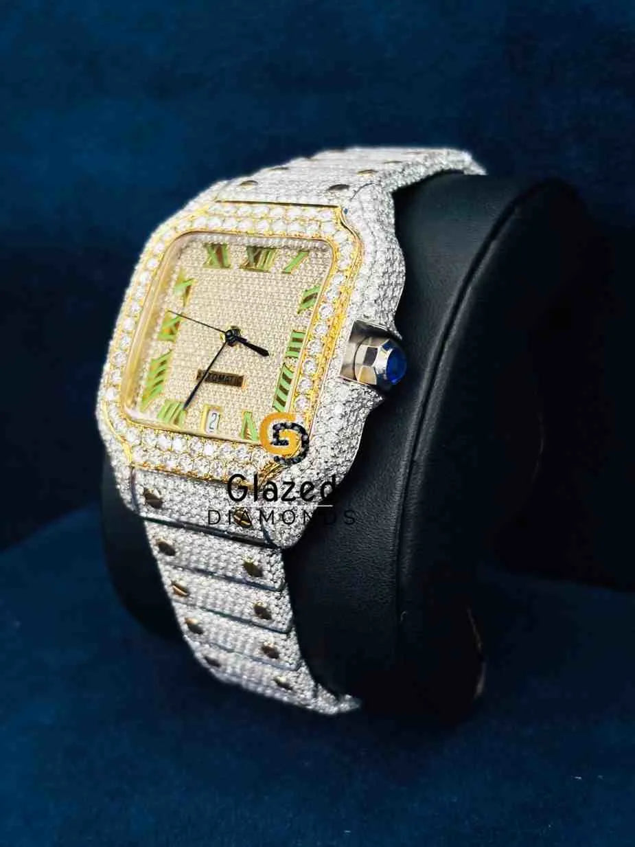 Fully Iced Out Green Roman Number Dial Moissanite Watch For Men