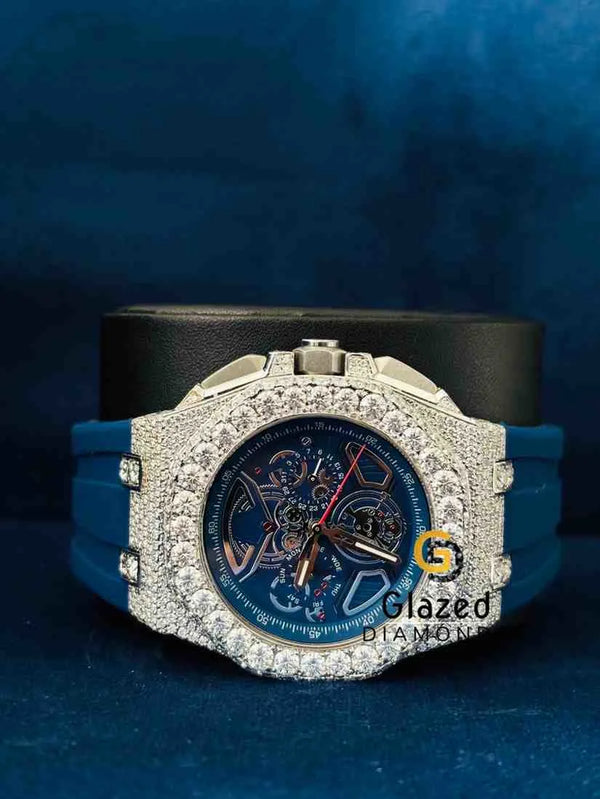 Fully Iced Out Multi Chronograph Blue Silicone Strap Hip Hop Watch