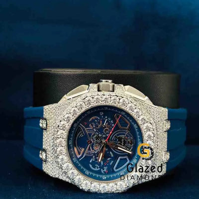 Fully Iced Out Multi Chronograph Blue Silicone Strap Hip Hop Watch