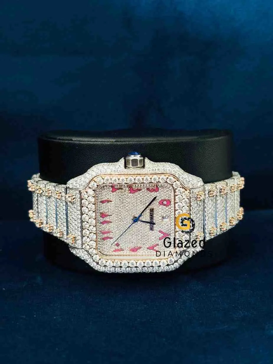 Fully Iced Out Pink Arabic Number Dial Moissanite Watch For Men