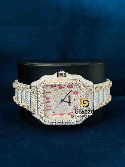 Fully Iced Out Pink Arabic Number Dial Moissanite Watch For Men