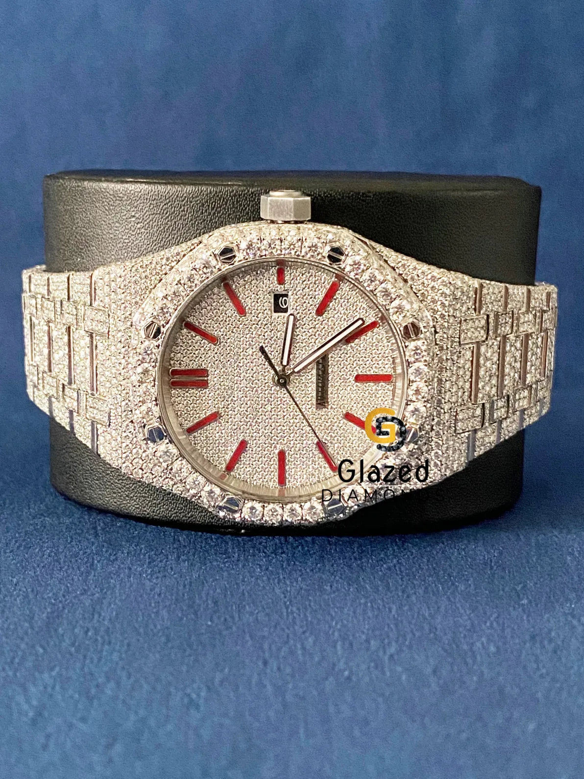 Fully Iced Out Red Roman Dial VVs Moissanite Diamond Watch