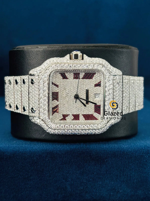 Fully Iced Out Roman Dial Round Moissanite Watch