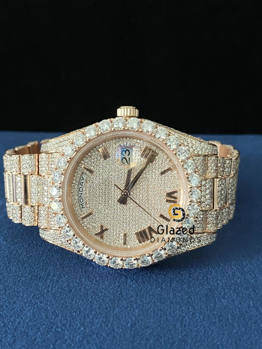 Fully Iced Out Roman Dial VVs Moissanite Stainless Steel Watch
