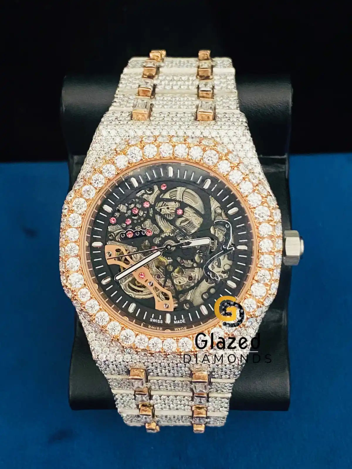 Fully Iced Out Skeleton Two Tone Bust Down VVS Moissanite Watch For Men