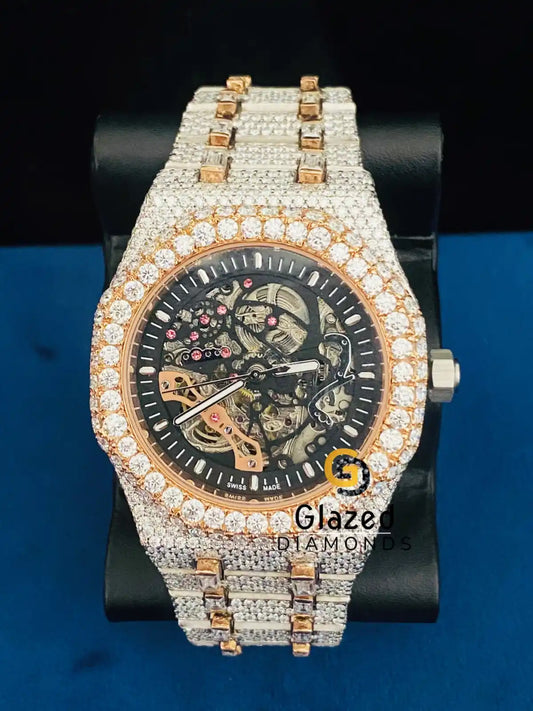 Fully Iced Out Skeleton Two Tone Bust Down VVS Moissanite Watch For Men