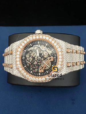 Fully Iced Out Skeleton Two Tone VVS Moissanite Watch