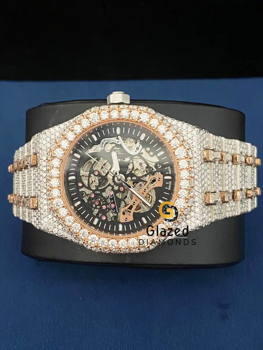 Fully Iced Out Skeleton Two Tone VVS Moissanite Watch