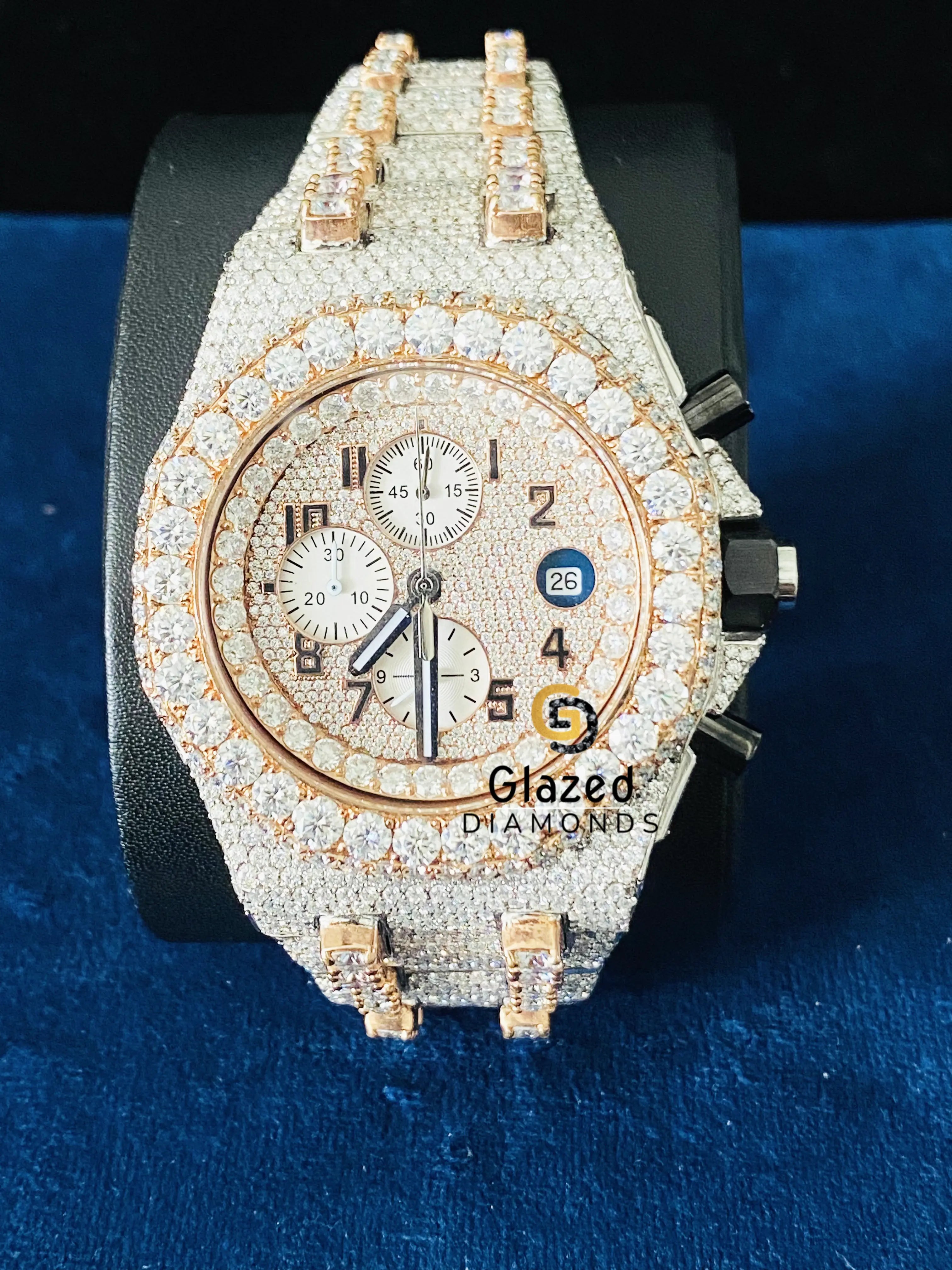 Fully Iced Out Stainless Steel Arabic Dial Chronograph Moissanite Watch
