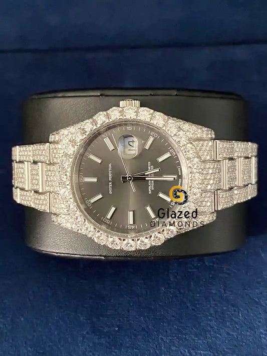 Fully Iced Out Stick Gray Dial D Colorless Moissanite Watch