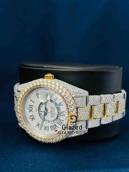 Fully Iced Out Two Tone Roman Number Dial Sky Dweller Rolex Watch