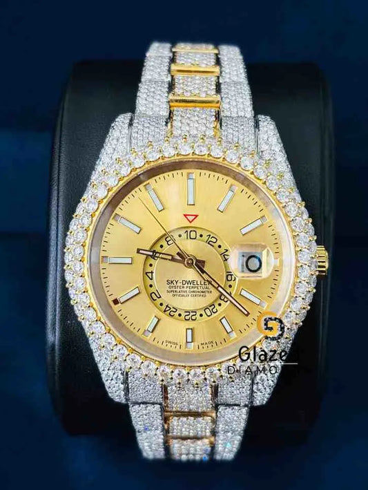 Fully Iced Two Tone Yellow Dial Sky dweller Hip Hop Watch