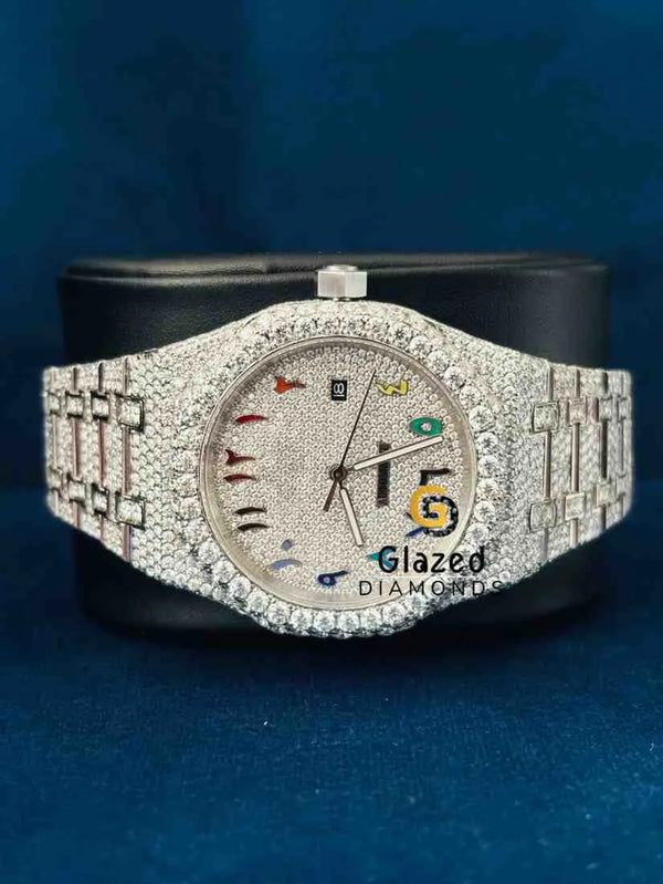 Fully Studded Colorful Number Dial Moissanite Watch