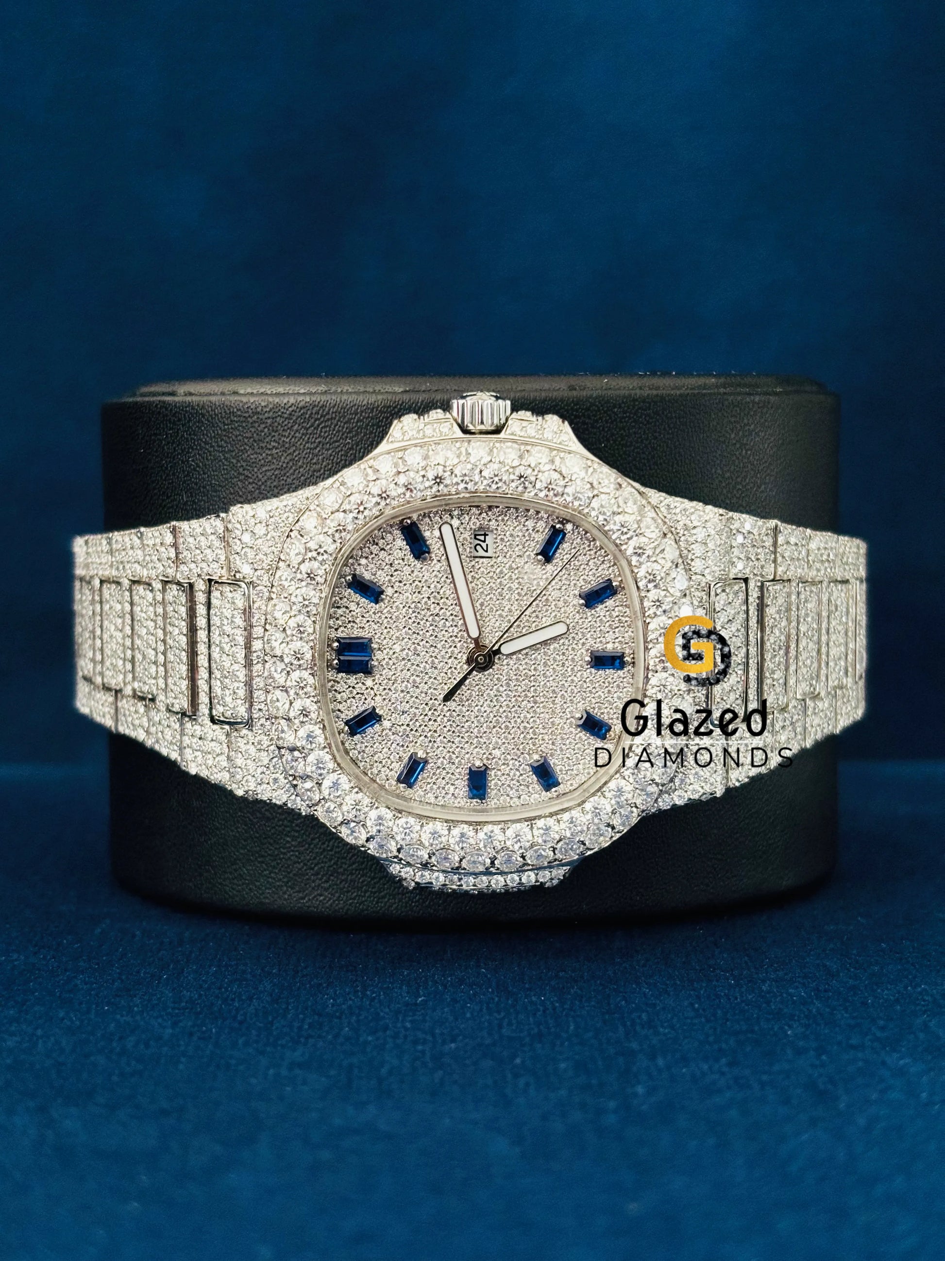 Fully White Tone Studded Moissanite Baguette Bar Watch